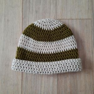 Crochet Cream & Olive Striped Beanie